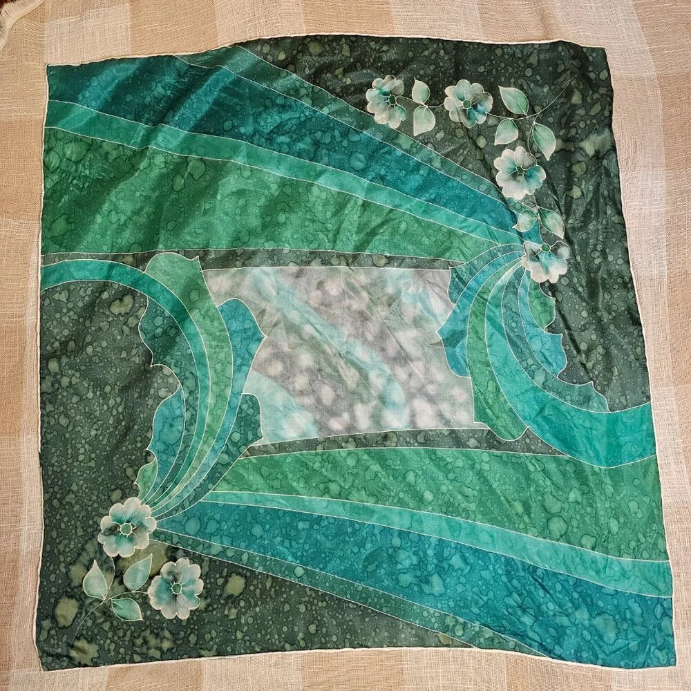 Vintage Mobwife Preppy Indie Green Silk Abstract Print Scarf Wrap Hair Accessory